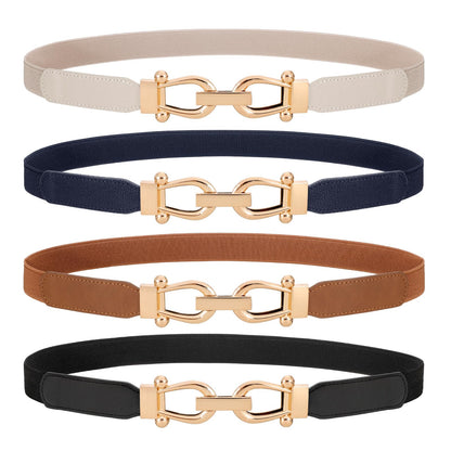 HOTWERFORU 4 Pack Women Skinny Elastic Waist Belt Gold Buckle Stretchy Thin Belt for Jeans Dress