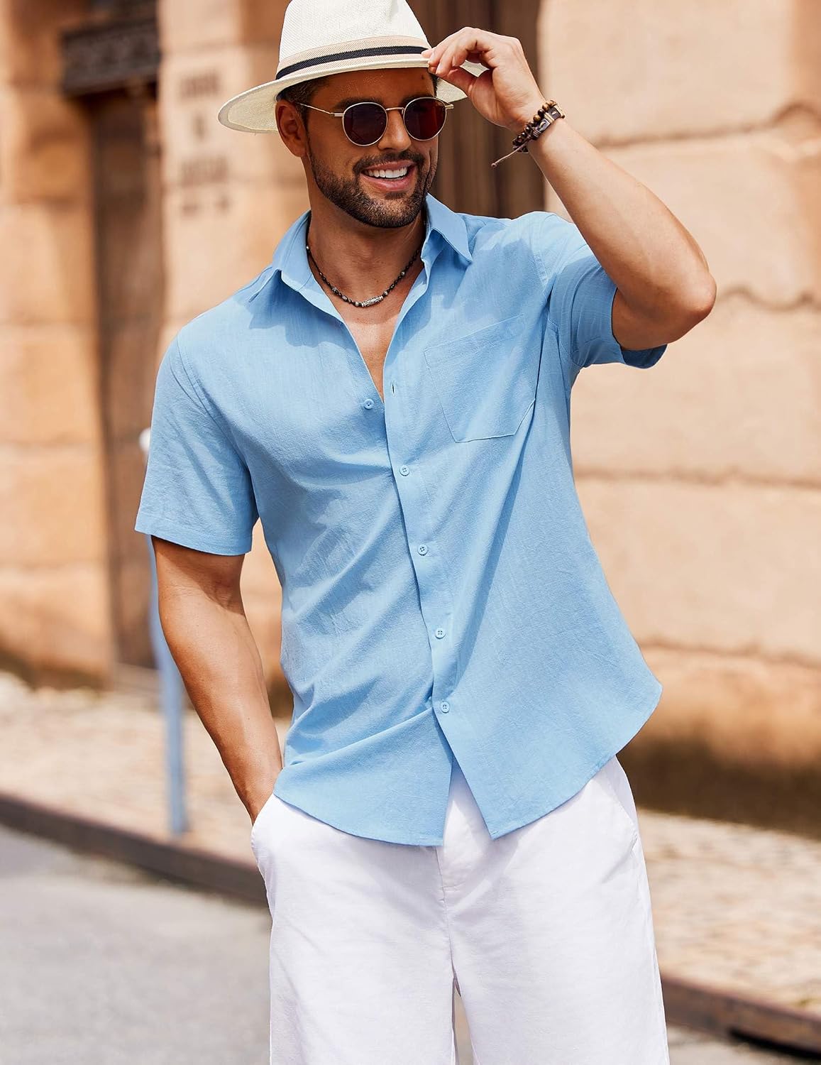 HOTCOOFANDY Men's Button Down Short Sleeve Shirt Casual Cotton Summer Beach Linen Wedding Shirts with Pocket