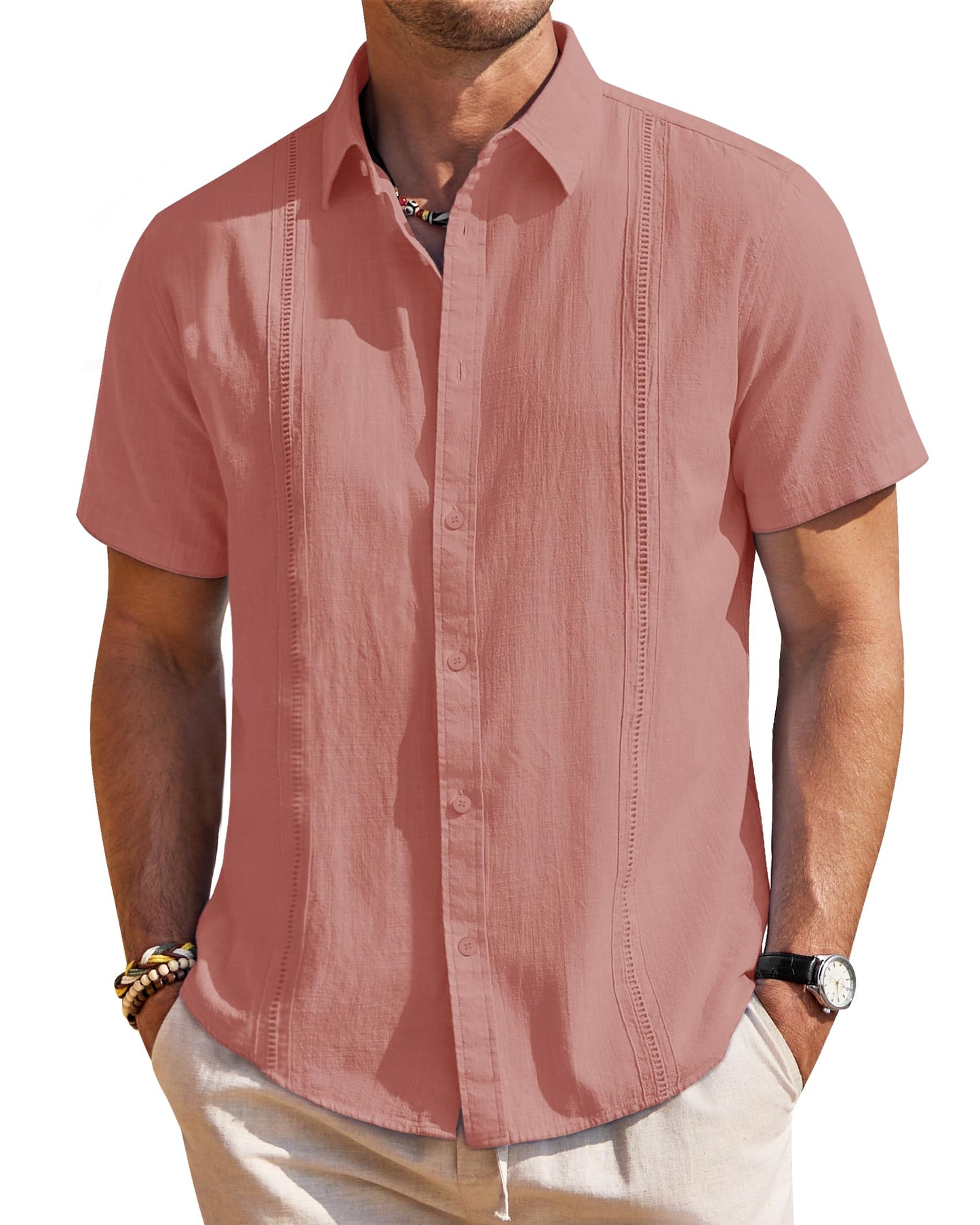 HOTMens Linen Textured Shirt Short Sleeve Button Down Cuban Guayabera Shirt | 100% Cotton, Casual Wear, Lightweight Breathable, Summer Beach, Untucked, Relaxed Fit, Vacation, Cruise, Camp, Collared