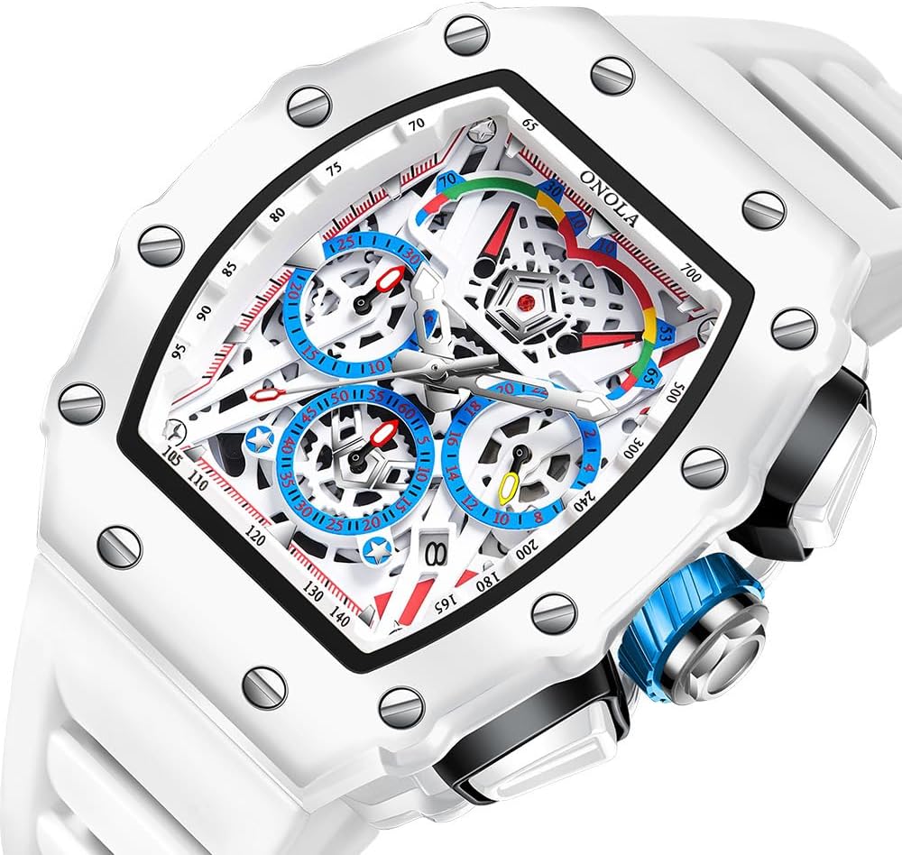 HOTFANMIS Fashion Hollowed Men Watches Tonneau Skeleton Dial Big Face 30M Water Resistant Chronograph Casual Watch with Silicone Strap Multifunctional Outdoor Sports Watch for Men’s