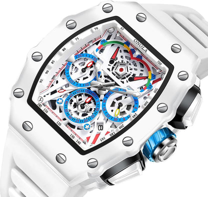HOTFANMIS Fashion Hollowed Men Watches Tonneau Skeleton Dial Big Face 30M Water Resistant Chronograph Casual Watch with Silicone Strap Multifunctional Outdoor Sports Watch for Men’s