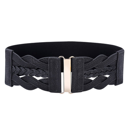 HOTGRACE KARIN Wide Belts for Women Elastic Waist Belt | 3 inch wide stretchy waistband, Woven design, Golden buckle, For dresses skirt, Vintage casual boho western style
