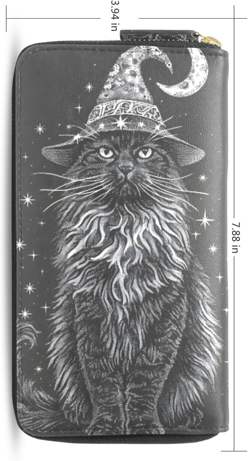HOTMNSRUU Womens Wallet Purses, Cat Black Clutch Purses for Women RFID Blocking Credit Card Holder Wallet Leather Zipper Coin Purse
