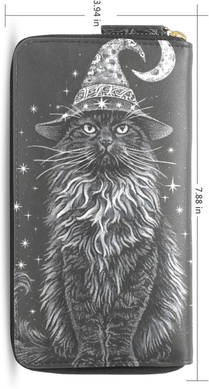 HOTMNSRUU Womens Wallet Purses, Cat Black Clutch Purses for Women RFID Blocking Credit Card Holder Wallet Leather Zipper Coin Purse