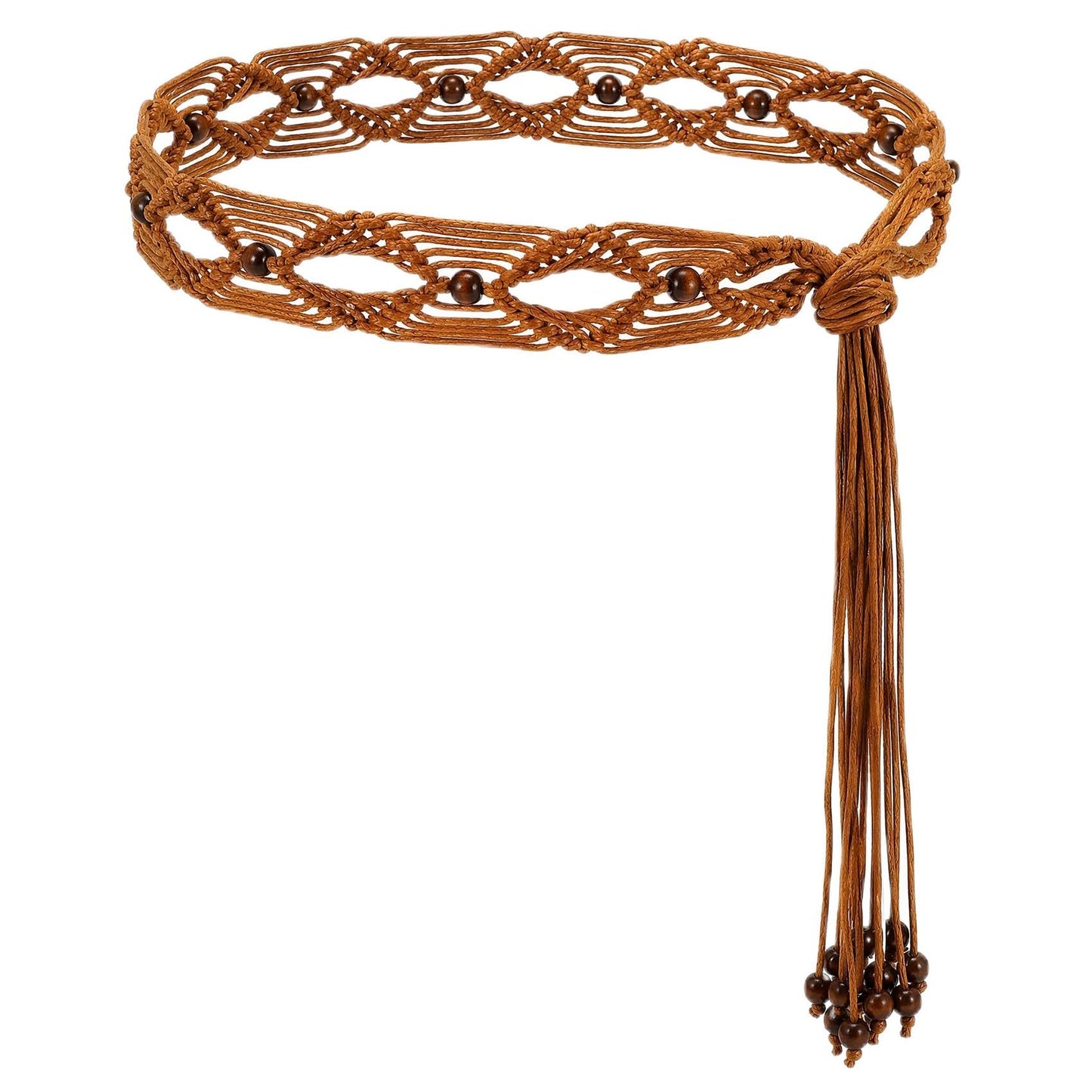 HOTWHIPPY Boho Braided Belt for Women Western Belt With Hand-Woven Wax Rope Country Tassel Belts for Dress, 2" Wide