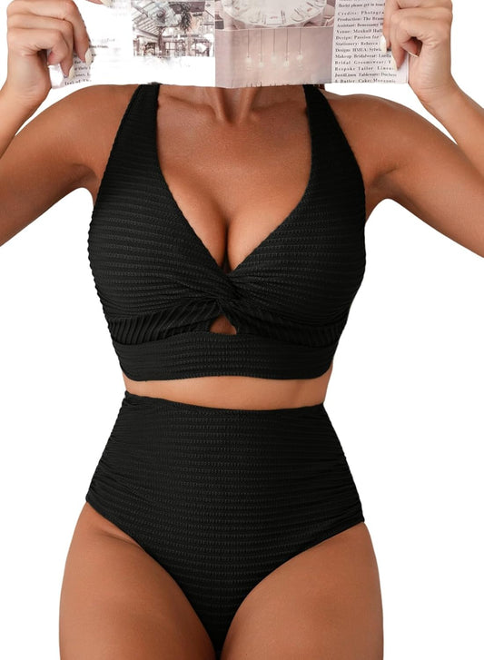 HOTHerseas Women's Textured Bikini Sets Twist Front Top Swimsuits High Waisted Bathing Suits