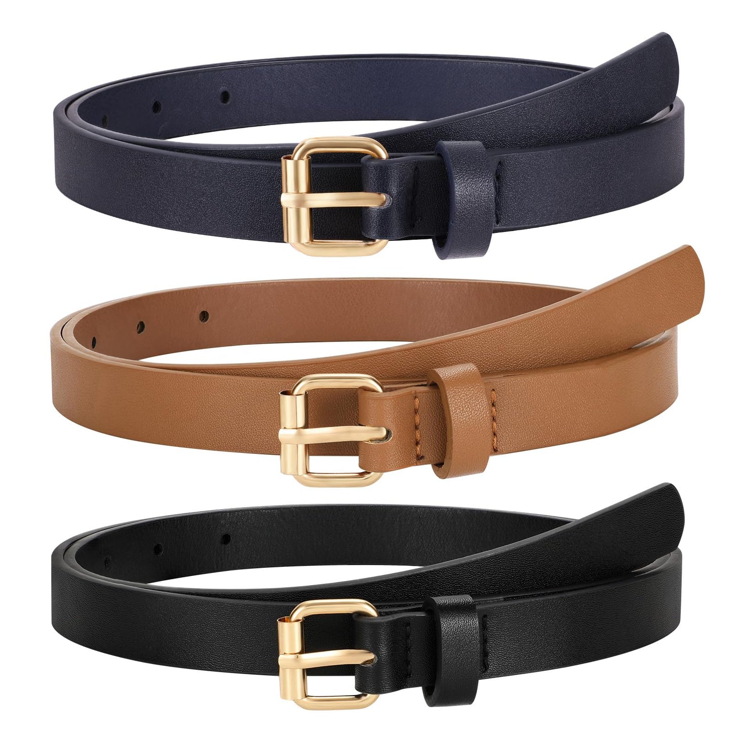 HOTTRIWORKS 3 Pack Women Skinny Leather Belt for Jeans Pants Dress Ladies Thin Waist Belt with Gold Buckle