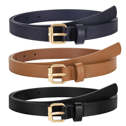 HOTTRIWORKS 3 Pack Women Skinny Leather Belt for Jeans Pants Dress Ladies Thin Waist Belt with Gold Buckle