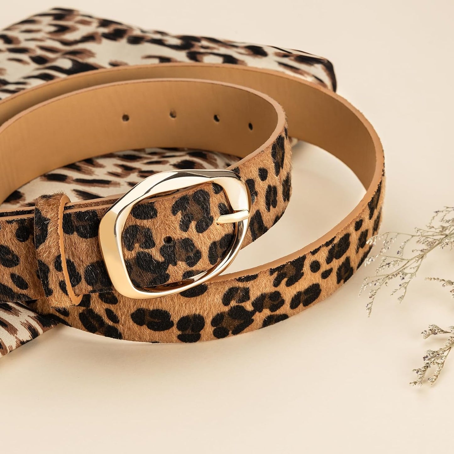 HOTWomen’s Leopard Print Leather Belts for Women, Cheetah Print Belt with Gold Buckle, Width 1.46"