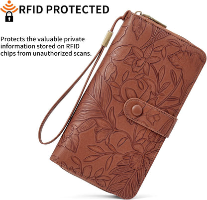 HOTSENDEFN Women's Credit Card Holder RFID Blocking Zip Around Leather Wallet Large Capacity Long Purse with Wristlet