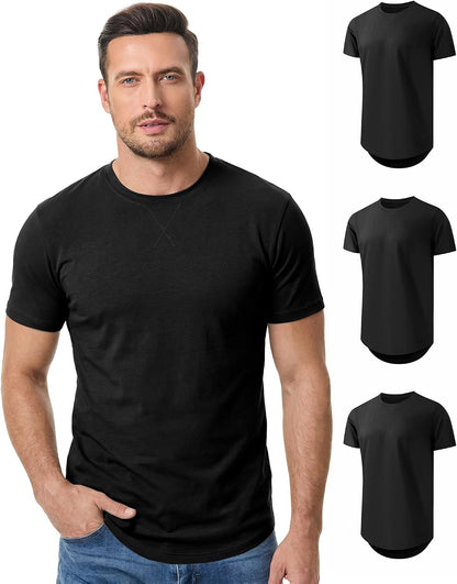 HOTJMIERR Mens 3 Pack Cotton Hipster Hip Hop Longline Crewneck T-Shirt