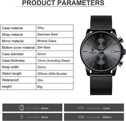 HOTGOLDEN HOUR Mens Watch Fashion Sleek Minimalist Quartz Analog Mesh Stainless Steel Waterproof Chronograph Watches for Men with Auto Date