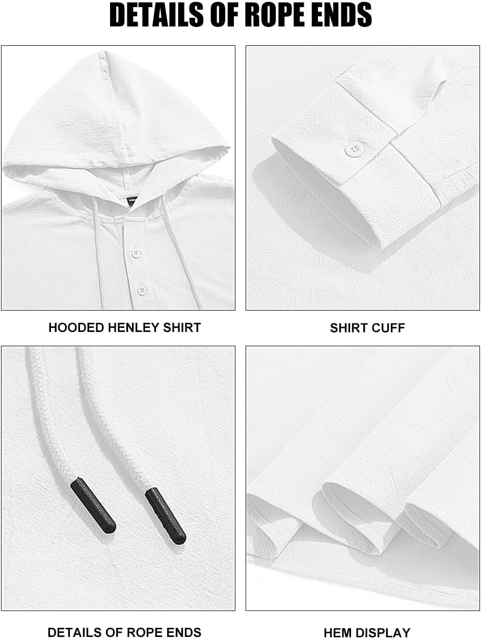 HOTMen's Cotton Linen Hoodies Casual Hooded Long Sleeve Button Down Shirts Lightweight Casual Hawaiian Beach Sweatshirts
