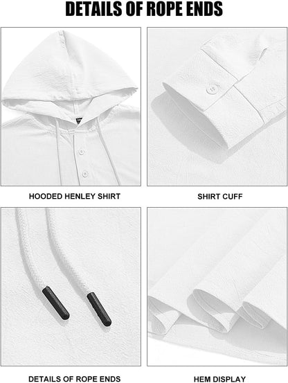 HOTMen's Cotton Linen Hoodies Casual Hooded Long Sleeve Button Down Shirts Lightweight Casual Hawaiian Beach Sweatshirts