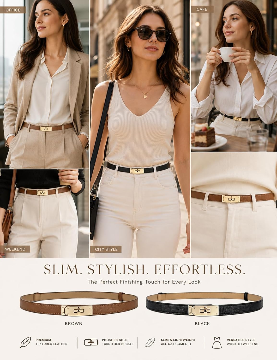 HOTBEMYLV Skinny Belts for Women Dresses Turn-Lock Gold Buckle Adjustable Fashion Waist Belt for Pants Jeans Business Casual