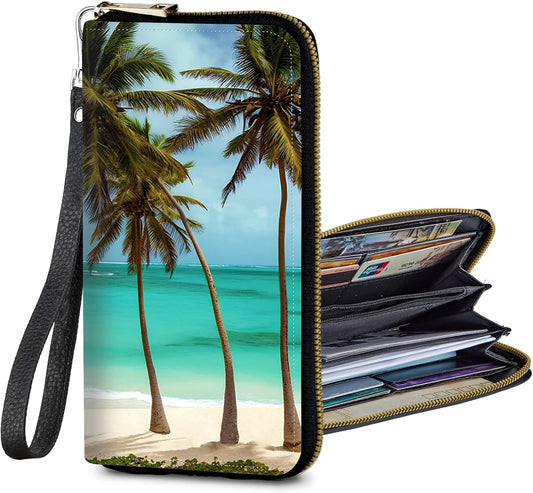 HOTWomen's Wallets RFID Blocking wallet women with Zipper Wristlet Large Capacity Travel Credit Card Holder Womens Wallet with 11 Card Slots ID Window Cash Coin Purse - Palm Tree Beach