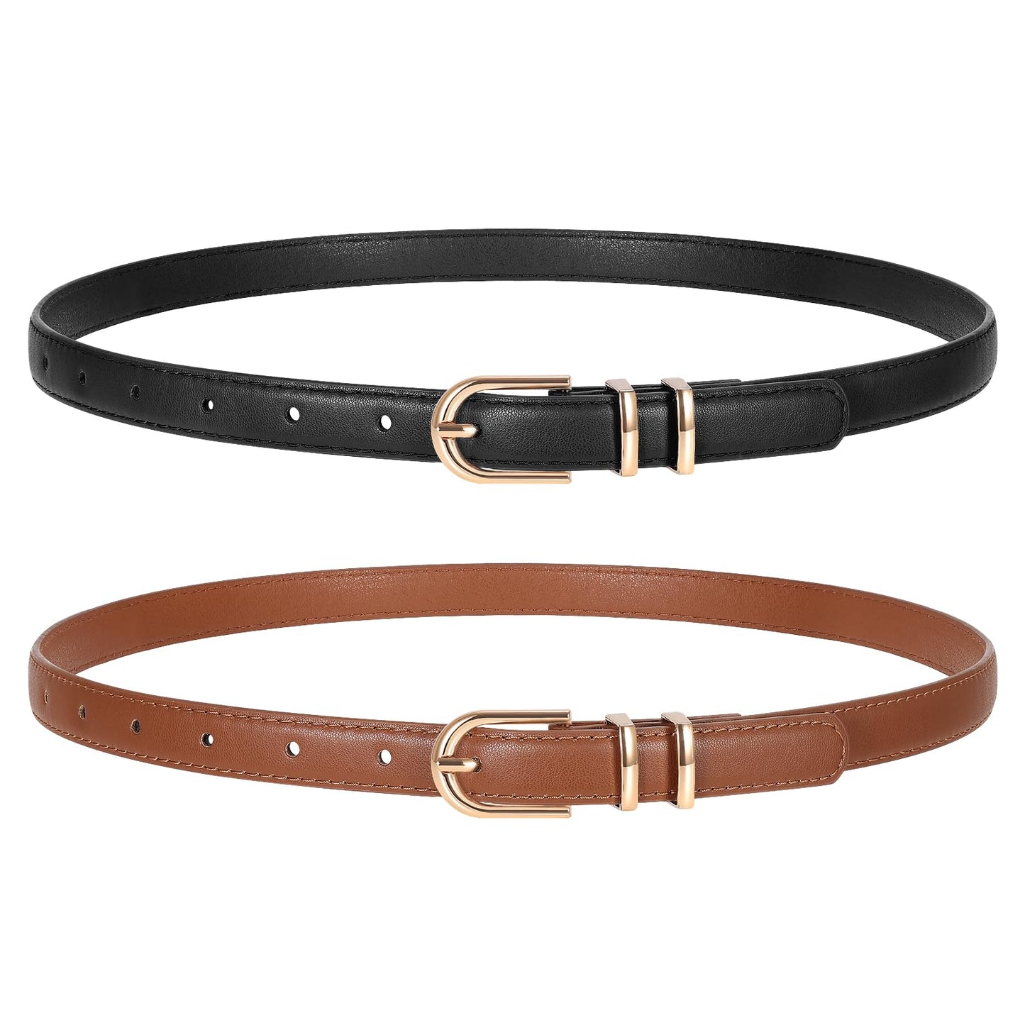 HOTTRIWORKS 2 Pack Women Skinny Leather Belts for Jeans Pants Thin Faux Leather Belt with Gold Buckle