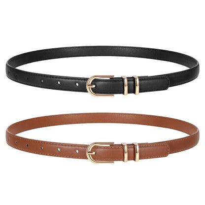 HOTTRIWORKS 2 Pack Women Skinny Leather Belts for Jeans Pants Thin Faux Leather Belt with Gold Buckle