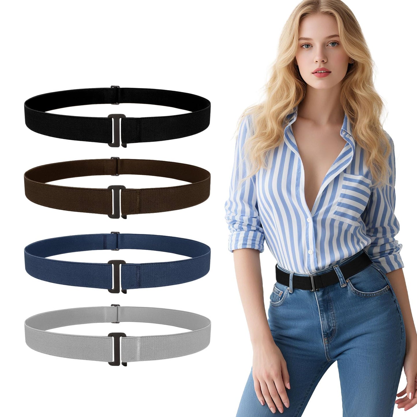 HOTJASGOOD 3/4/5/6 Pack No Show Stretch Belts for Women Invisible Elastic Belt for Jeans Pants Shirt Sweater Tuck Band