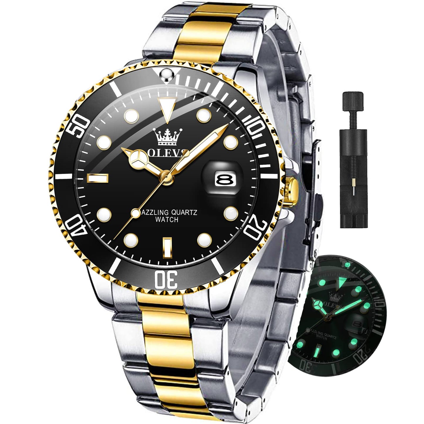 HOTOLEVS Watches for Men with Date Luxury Big Face Waterproof Mens Wristwatch Analog Dress Two Tone Stainless Steel Man Watch Luminous Relojes De Hombre Calendar(Green/Blue/Black Dial