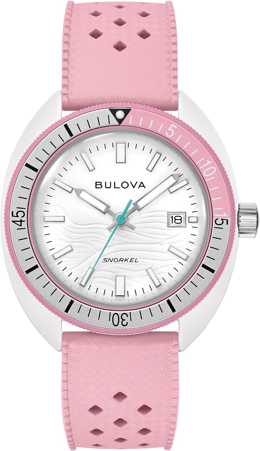 HOTBulova Oceanographer Snorkel Amazon Exclusive Ceramic Case and White Perforated Rubber Strap Watch, Day Date 100M WR