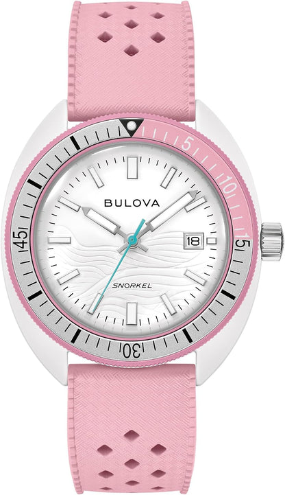 HOTBulova Oceanographer Snorkel Amazon Exclusive Ceramic Case and White Perforated Rubber Strap Watch, Day Date 100M WR