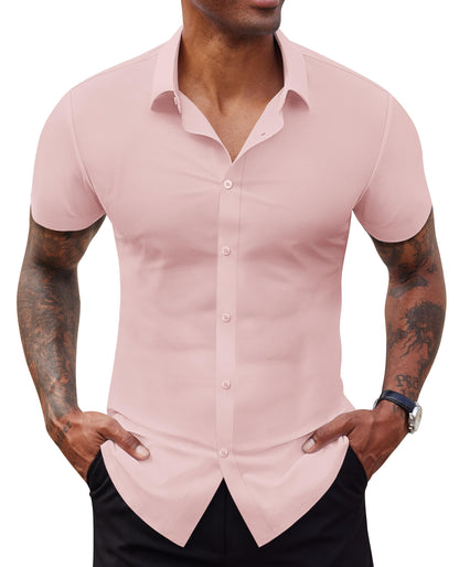 HOTLion Nardo Stretch Dress Shirts for Men Short Sleeve Slim Fit Casual Button Down Shirts Muscle Fit Men's Dress Shirts