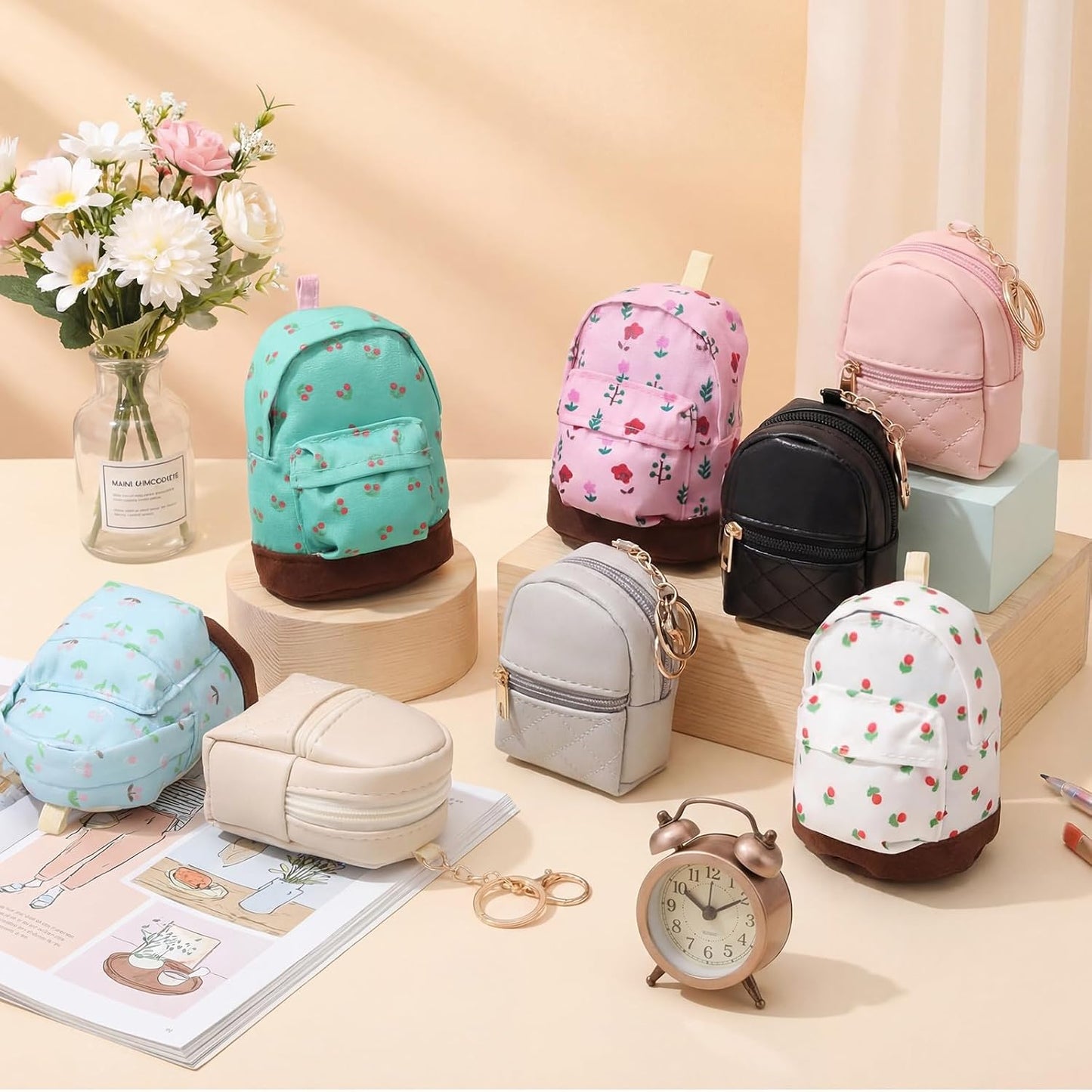HOTHsei 8 Pcs Mini Backpack Keychain Coin Purse Tiny Key Chain Cute Cosmetic Bag Small Wallets Mini Valentines Gifts for Women Multi Pocket Card Holder Small Items Cable Organizer Zipper Pouch