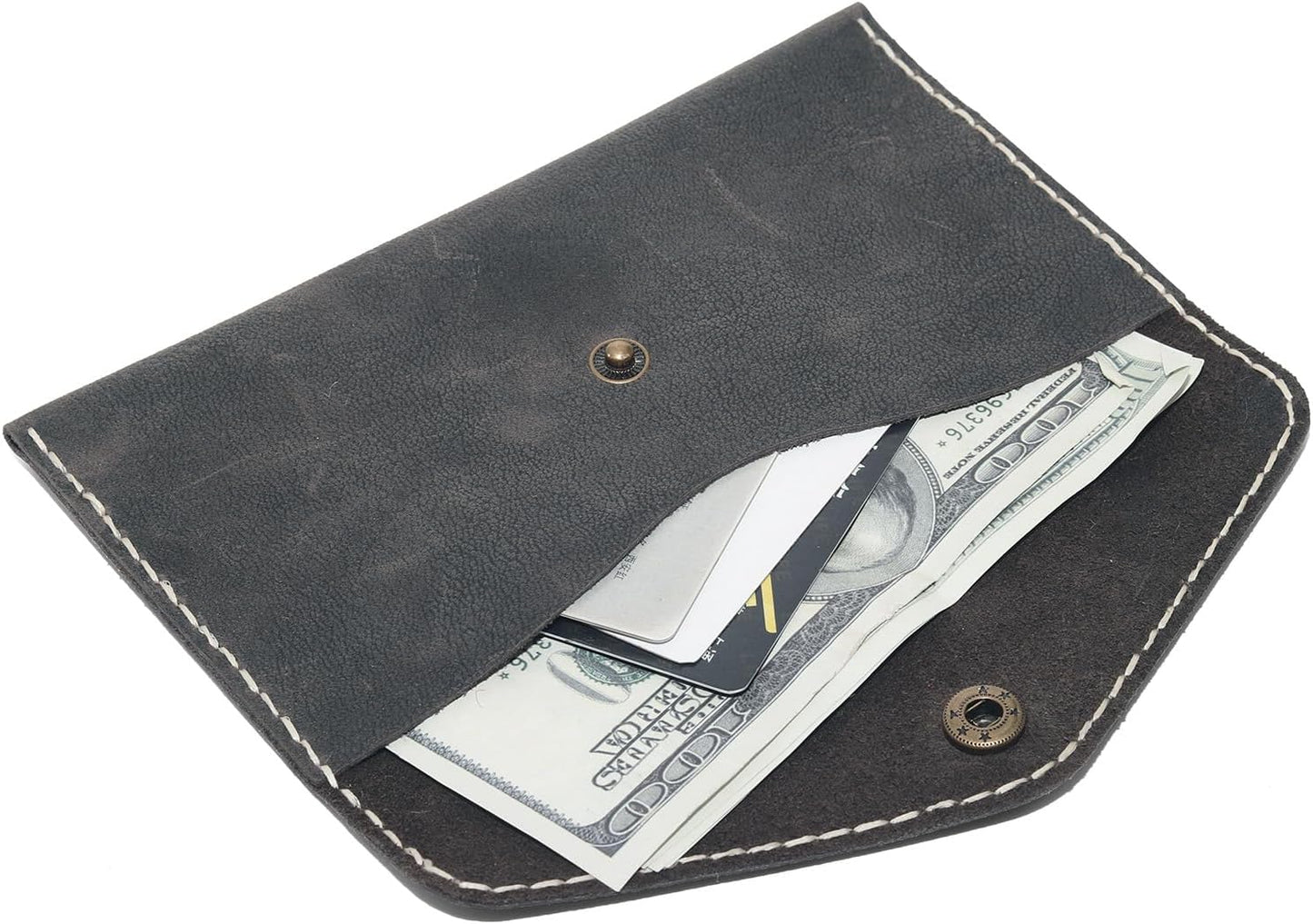 HOTHandcrafted Full-Grain Leather Envelope Wallet Artisan Stitching with Metal Snaps, Slim Card Holder & Cash Organizer (7.5x3.9in) (Black)