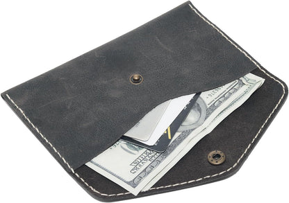 HOTHandcrafted Full-Grain Leather Envelope Wallet Artisan Stitching with Metal Snaps, Slim Card Holder & Cash Organizer (7.5x3.9in) (Black)