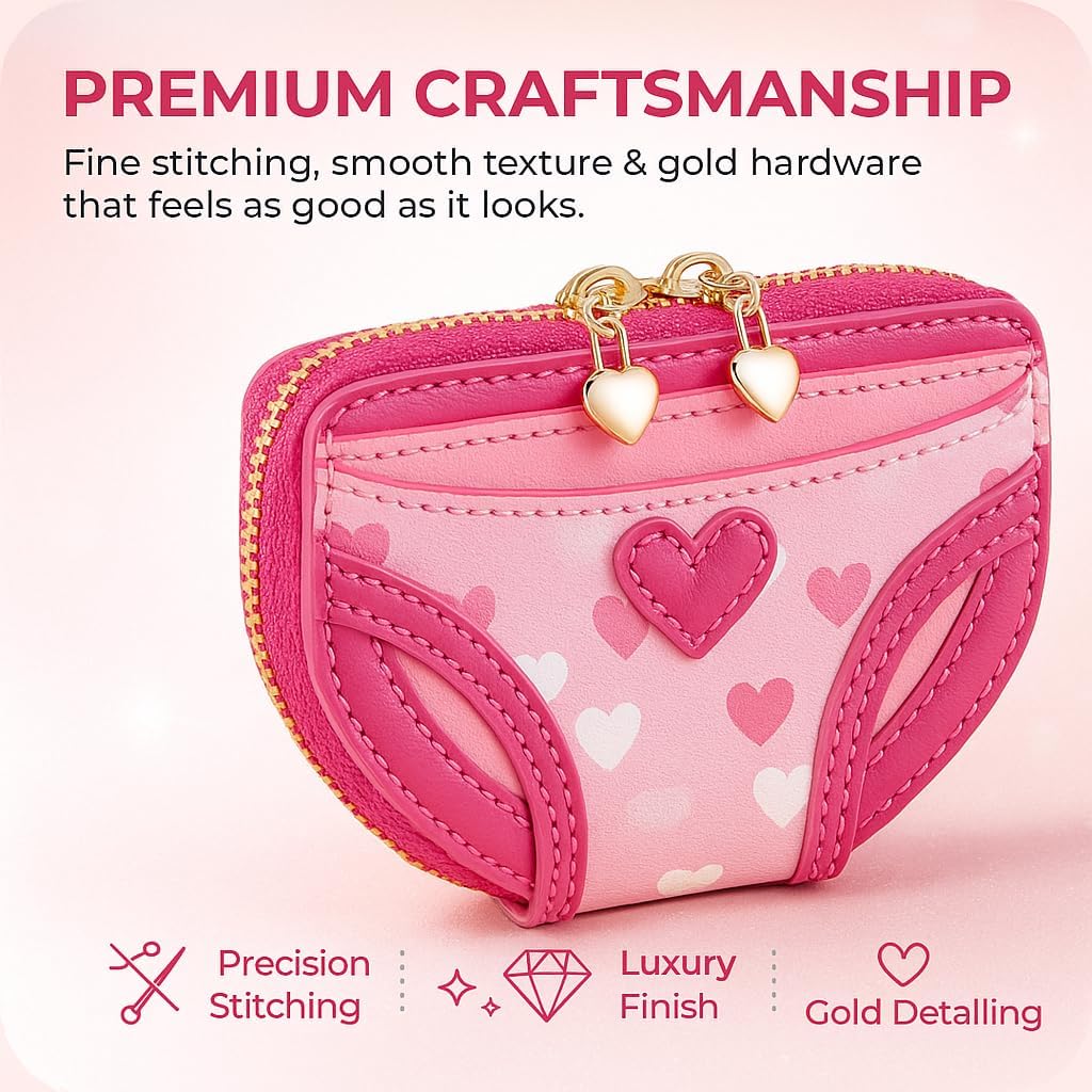 HOTHero's ID Pink Underwear-Shaped Wallet for Women — Cute Heart Mini Zipper Wallet, Faux Leather Coin Purse, Small Card Holder & Compact Purse for Cash, Unique Gift for Girls & Women