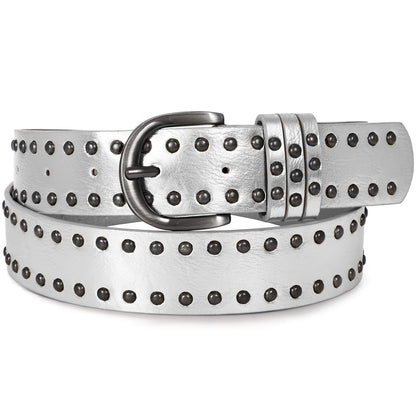 HOTSUOSDEY Women Leather Rivets Belts for Jeans Pants Dresses Studded Leather Belts with Silver Buckle