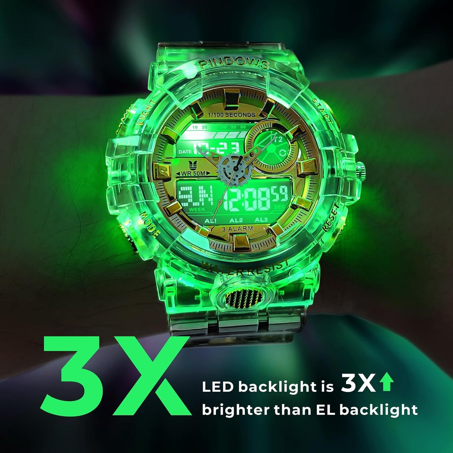 HOTPINDOWS Watches for Men, Transparent Gold Analog Digital Dual Time 50M Waterproof, LED Backlight Multifunctional with Alarms, Stopwatch, Ideal for Sports, Outdoor Activities, and Daily Wear