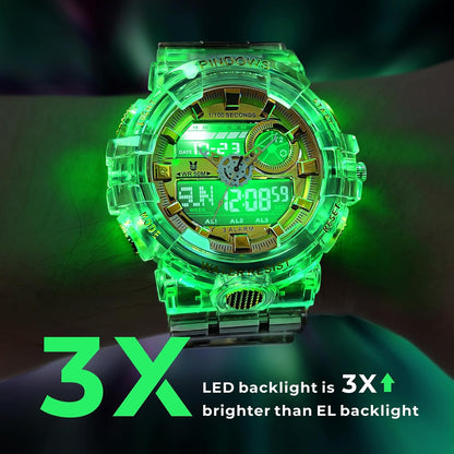 HOTPINDOWS Watches for Men, Transparent Gold Analog Digital Dual Time 50M Waterproof, LED Backlight Multifunctional with Alarms, Stopwatch, Ideal for Sports, Outdoor Activities, and Daily Wear