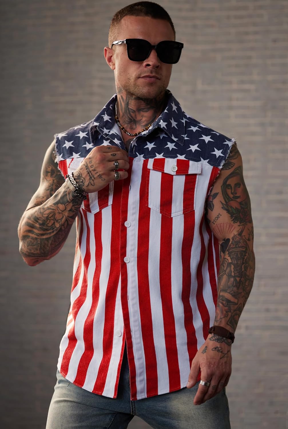 HOTMainfini Men's American Flag Denim Vest 4th of July Sleeveless Jacket With Pockets (S-XXL)