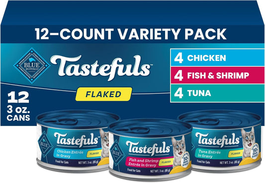 HOTBlue Buffalo Tastefuls Flaked Adult Wet Cat Food Variety Pack (Tuna, Chicken, Fish & Shrimp), Natural Ingredients Enhanced with Vitamins, Minerals & Other Nutrients, 3-oz. Each (12 Cans)