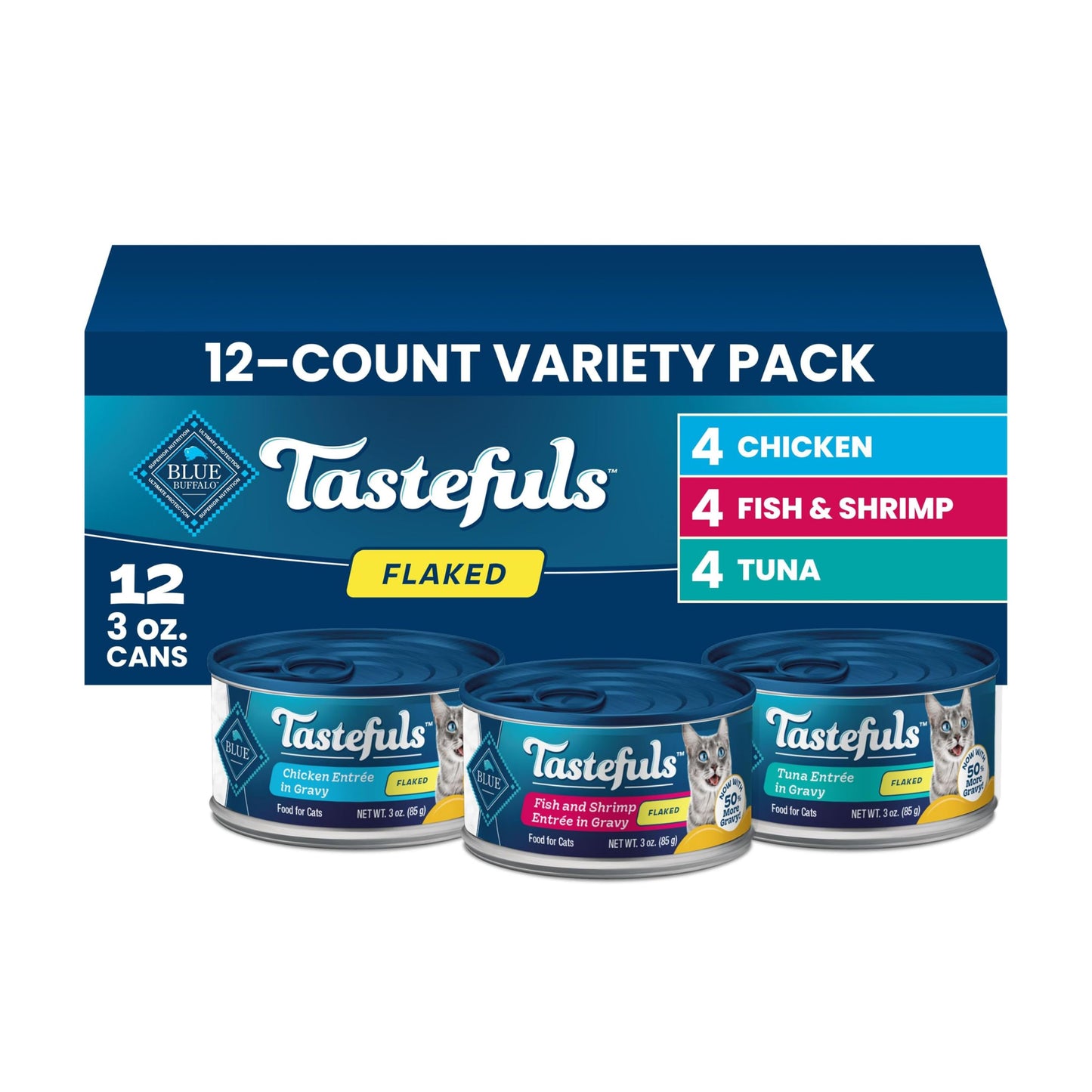 HOTBlue Buffalo Tastefuls Flaked Adult Wet Cat Food Variety Pack (Tuna, Chicken, Fish & Shrimp), Natural Ingredients Enhanced with Vitamins, Minerals & Other Nutrients, 3-oz. Each (12 Cans)