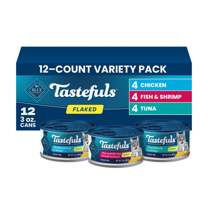 HOTBlue Buffalo Tastefuls Flaked Adult Wet Cat Food Variety Pack (Tuna, Chicken, Fish & Shrimp), Natural Ingredients Enhanced with Vitamins, Minerals & Other Nutrients, 3-oz. Each (12 Cans)