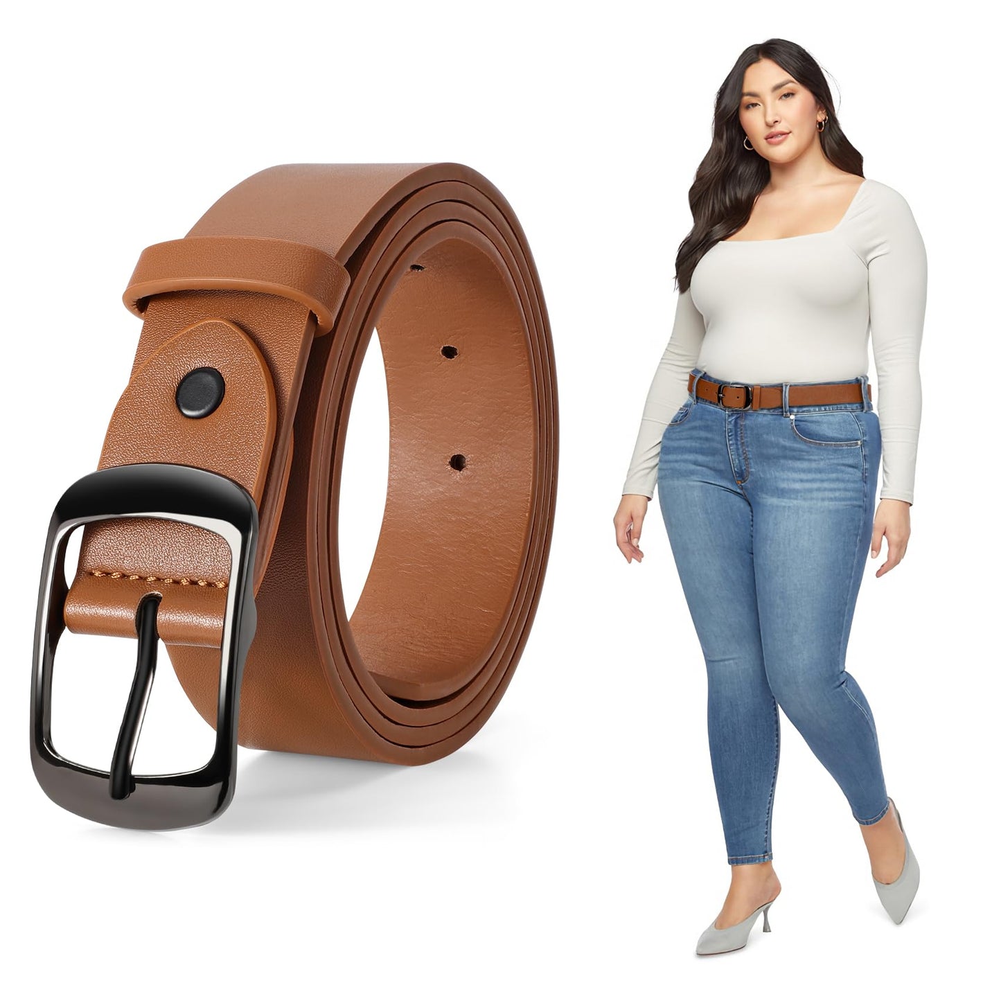 HOTJASGOOD Plus Size Women Leather Belt Black Casual Waist Belt for Jeans Pants with Metal Pin Buckle