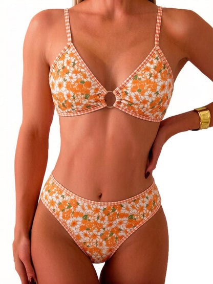 HOTTainehs Women's Two Piece Bikini Sets O Ring Front Top Ditsy Floral Triangle Swimsuits Cheeky Bathing Suit