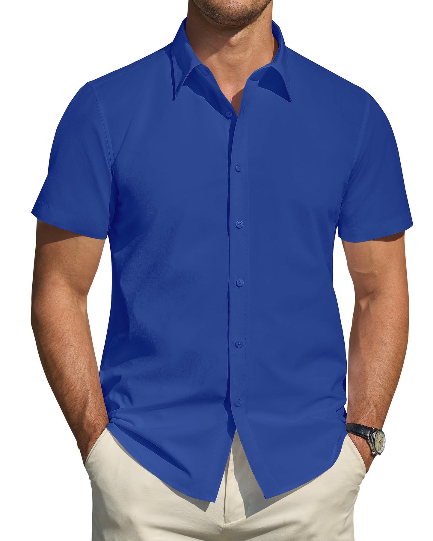 HOTJ.VER Men's Short Sleeve Dress Shirts Stretch Stain Shield Casual Button Down Shirts Solid Formal Shirt