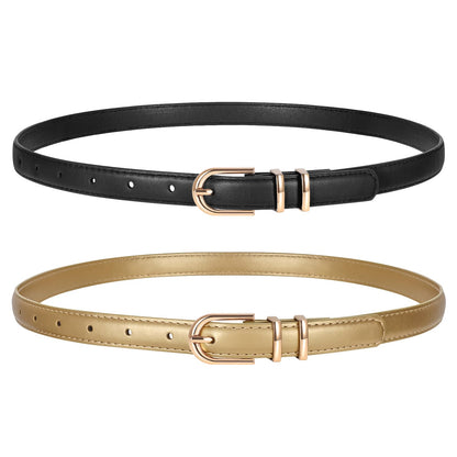 HOTTRIWORKS 2 Pack Women Skinny Leather Belts for Jeans Pants Thin Faux Leather Belt with Gold Buckle