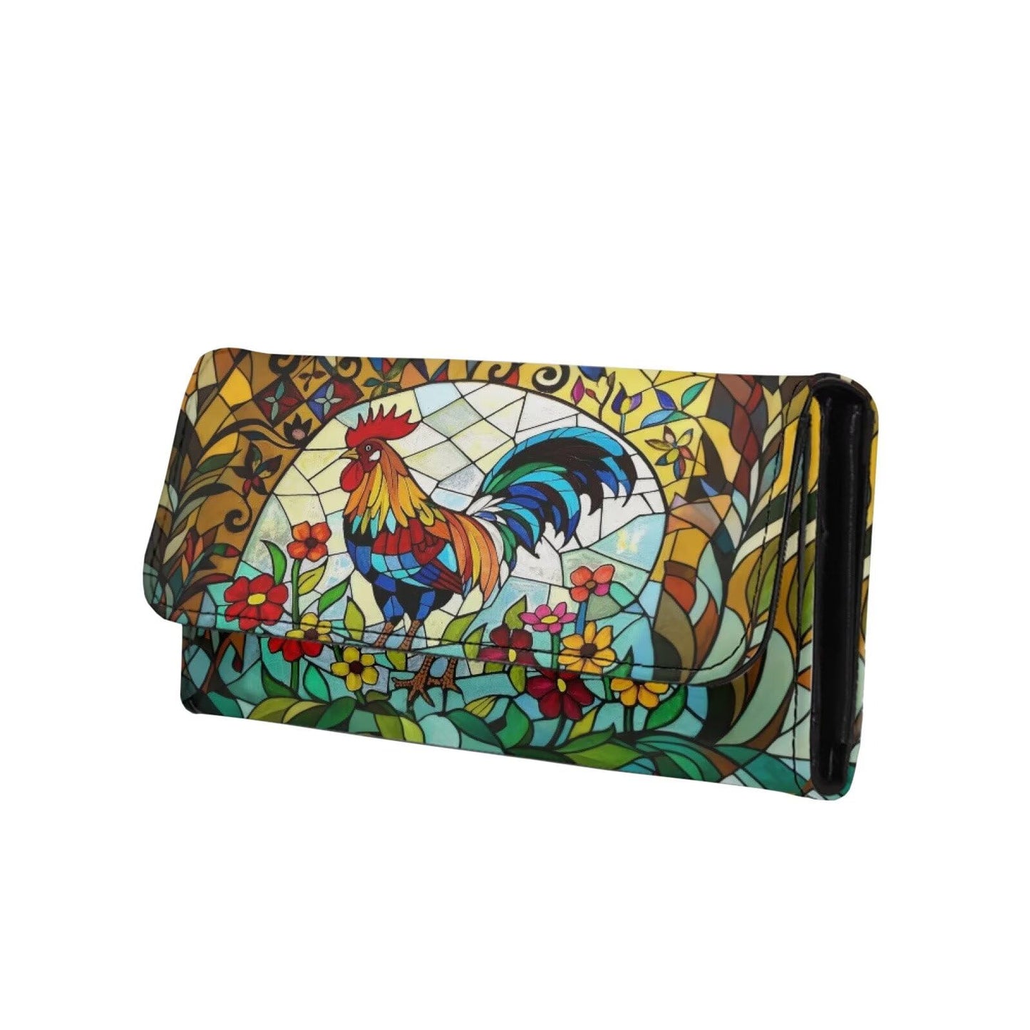 HOTNorth Cardinals Bird Women Wallet Long Trifold Checkbook Wallets with Zipper Pocket, Mosaic Art Birds Flowers Credit Card Holder PU Leather Billfold Wallet Purse