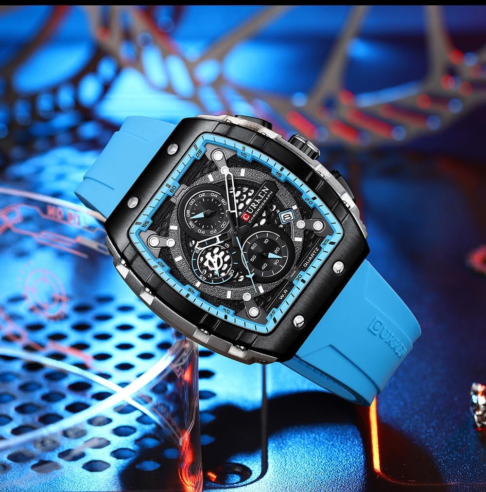 HOTPASOY Men's Chronograph Watch, Big Face, Tonneau Case, Rubber Strap | 47mm analog quartz watch, working chronograph with 1/10-second, second and minute subdials, date, stainless steel case