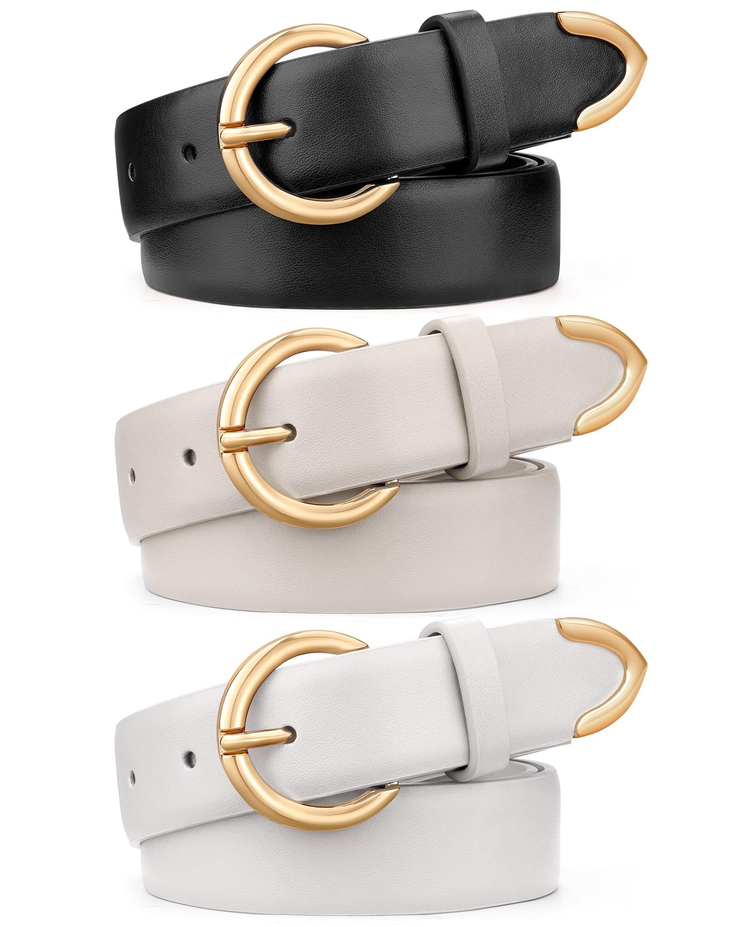 HOTXZQTIVE 3 Packs Women's Leather Belts For Jeans Dresses Pants Fashion Ladies Waist Belt with Double O-Ring Gold Buckle