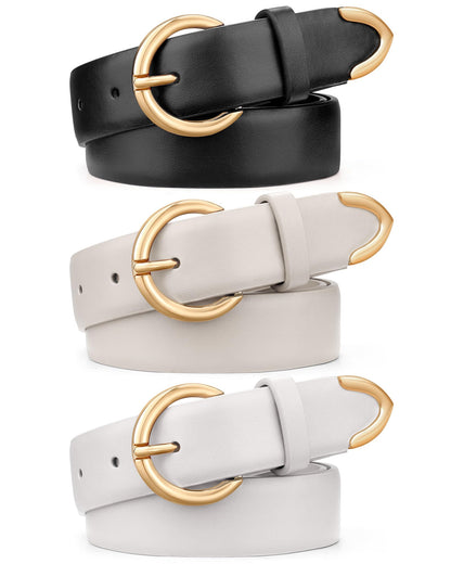 HOTXZQTIVE 3 Packs Women's Leather Belts For Jeans Dresses Pants Fashion Ladies Waist Belt with Double O-Ring Gold Buckle