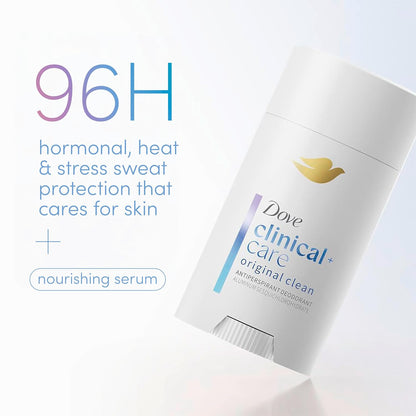 HOTDove Clinical + Care Antiperspirant Deodorant Stick for Women, 96H Clinical Strength Sweat & Odor Protection, With Nourishing Serum, Original Clean with Fresh Scent, 2.6 oz