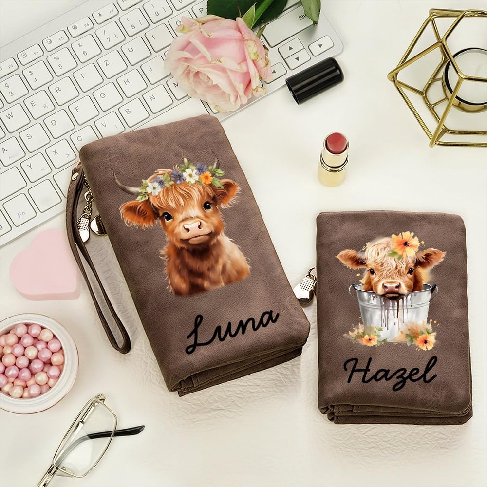 HOTCALLIE Personalized Wristlet Wallet with Cute Highland Cow Design and Name, PU Leather Credit Card Holder Wallet for Women, Travel Christmas Birthday Gift for Family Friend