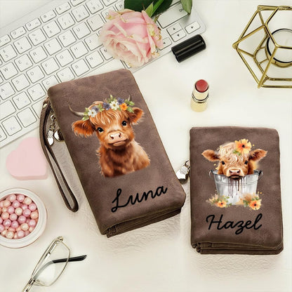 HOTCALLIE Personalized Wristlet Wallet with Cute Highland Cow Design and Name, PU Leather Credit Card Holder Wallet for Women, Travel Christmas Birthday Gift for Family Friend