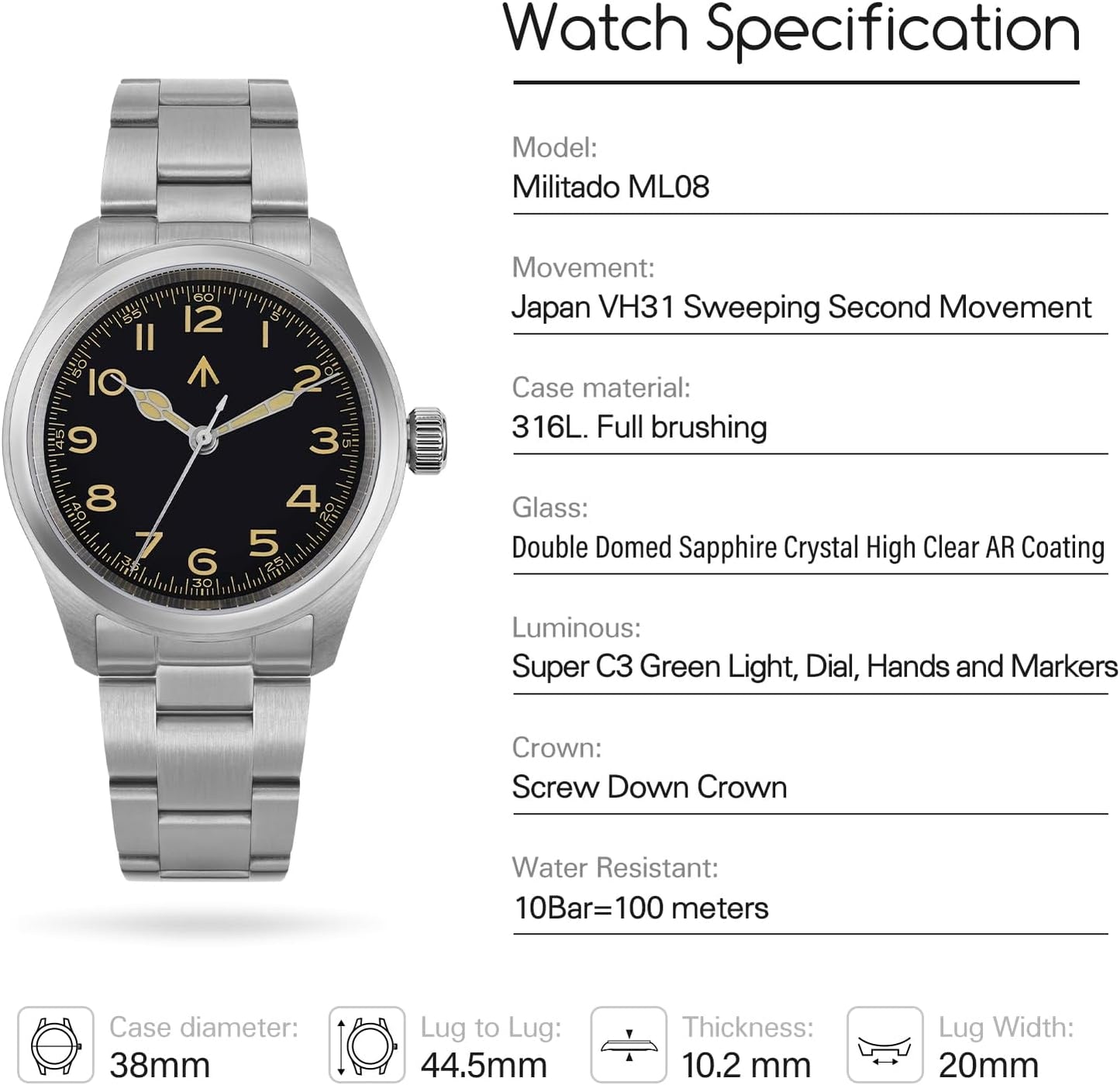 HOTTACTICAL FROG Militado ML08 Field Watch Japanese Sweep VH31 / 515 Movt with Calendar, Men's Military Watch Sapphire Crystal 10 ATM Waterproof Analog Watches for Men